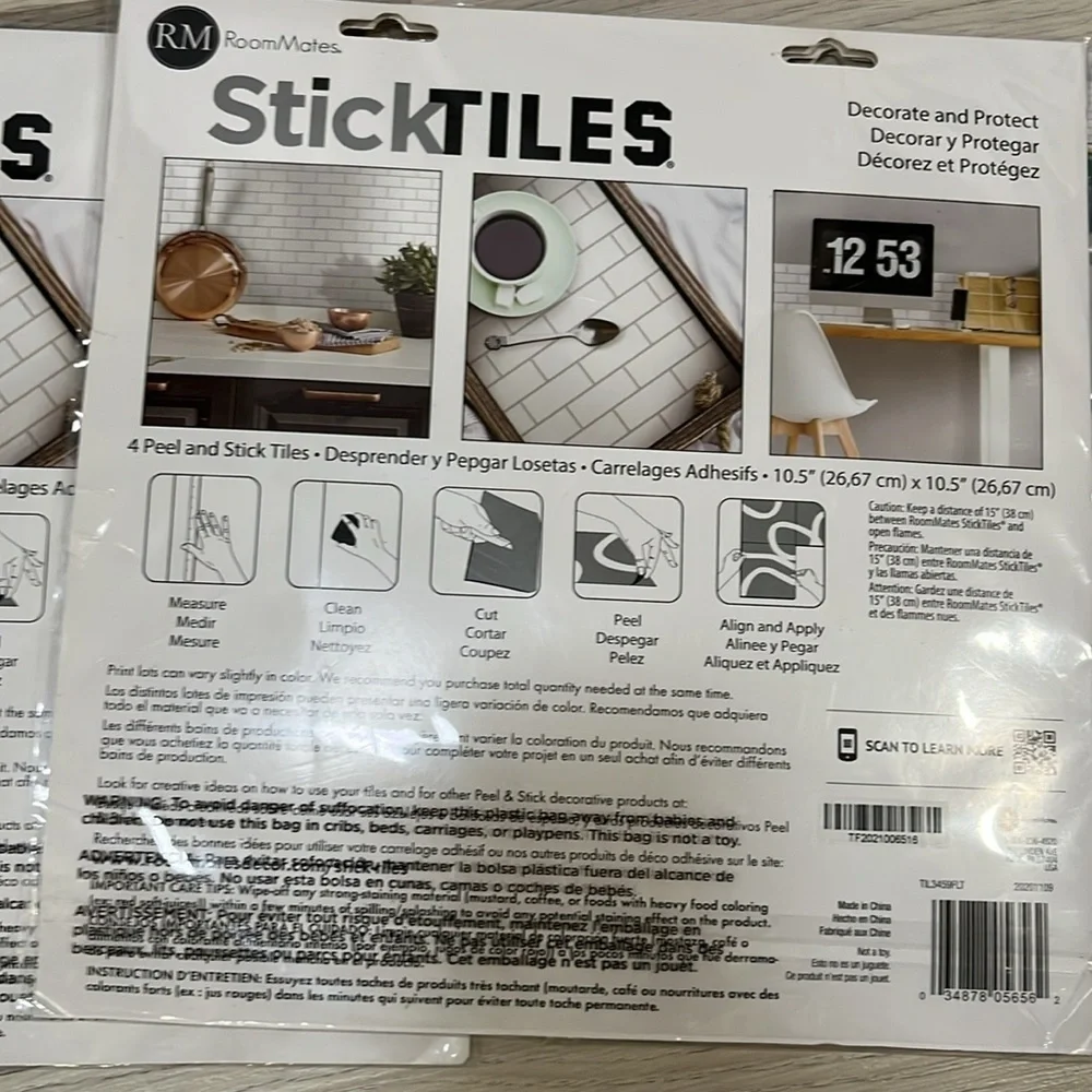 (x3) ROOMMATES StickTiles Peel & Stick 2.46 SW Ft Per Pack Home remodel NWT